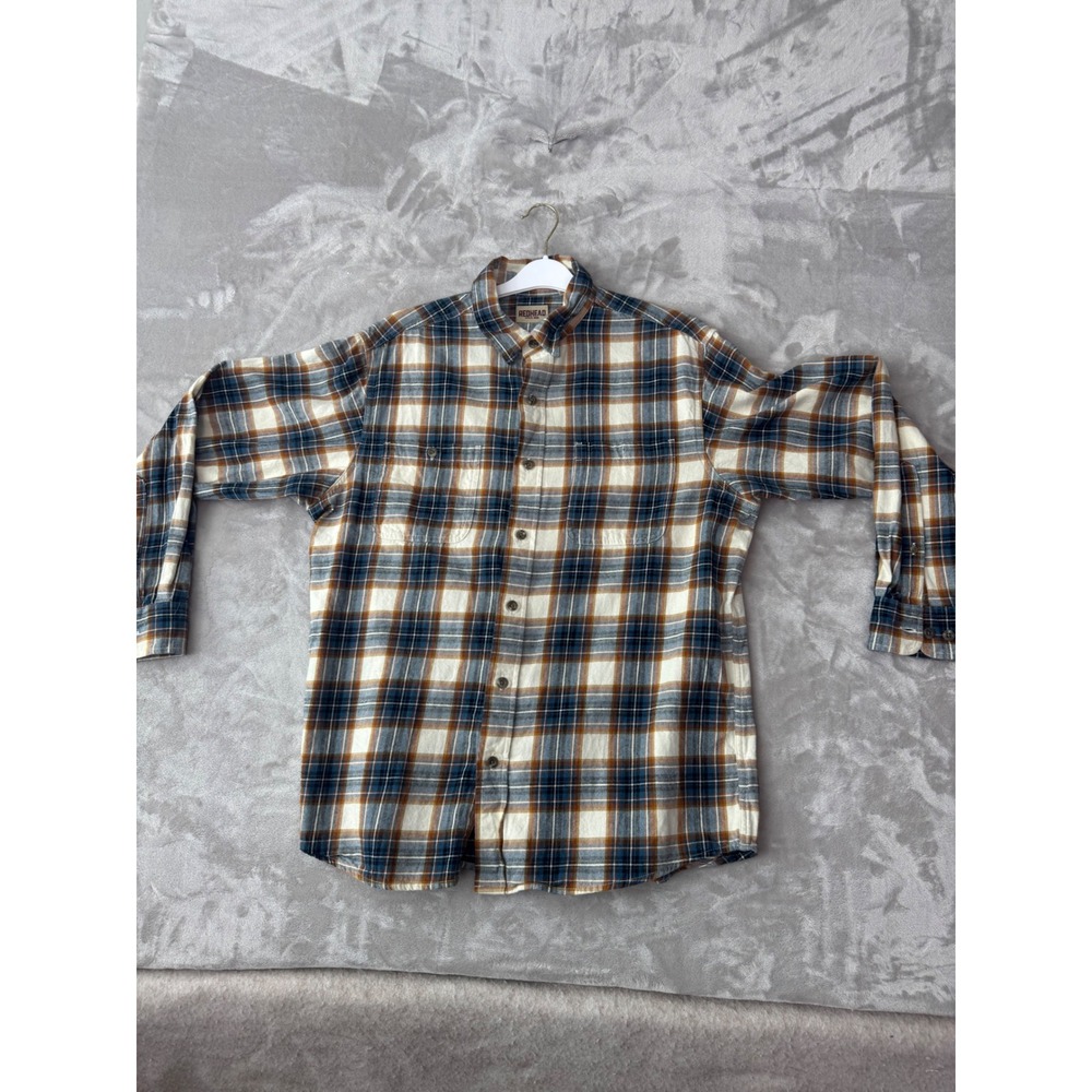 Redhead‎ Mens Large Blue Brown Plaid Cotton Flannel Button Down Work Shirt L